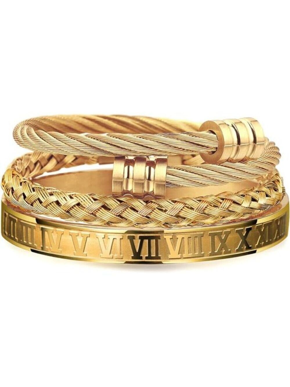 Mens Stainless Steel Bracelet Set Gold Roman Numeral Cuff Twisted Bangle Jewelry